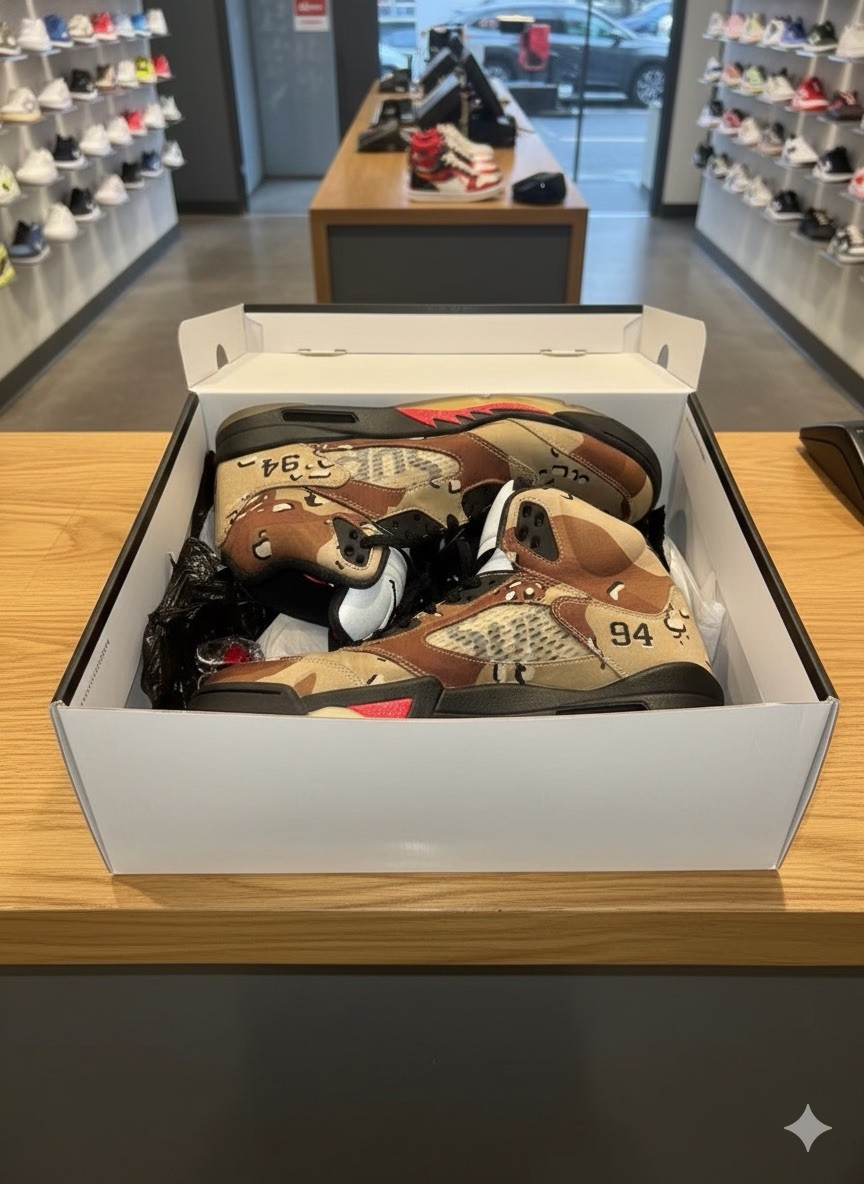 Size 9.5 - Supreme x Air Jordan 5 Retro Desert Camo 886691359593| eBay