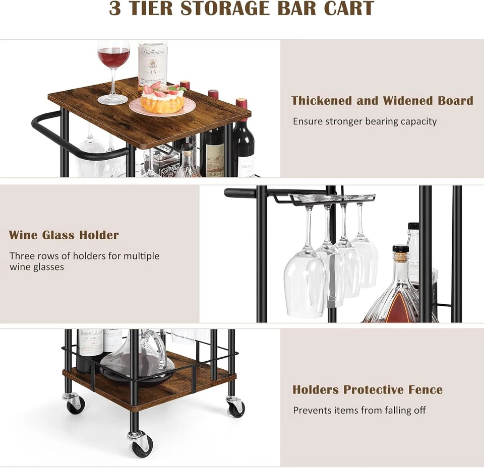 Carro para servir bar en casa de 3 niveles estante para botellas de vino soporte para vidrio carrito para bebidas Foto 4 de 4