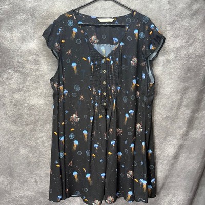 Wayward Fancies eShakti Black Jellyfish Print Pintuck Tunic Top Size 3X 4X