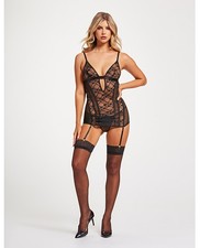 Seven 'til Midnight Lace and Mesh Triangle Cup Chemise Set, Black, Small