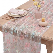 Embroidery Floral Table Runner 10ft Pink Tulle Sequins Spring Wedding Decor