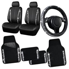 Leather Bling Diamond Car Seat Covers Front  Waterproof Black Silver Diamond