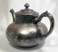 Antique James W Tufts 1948 Made In Biston Silver Teapot W/Etched Floral  & Lid