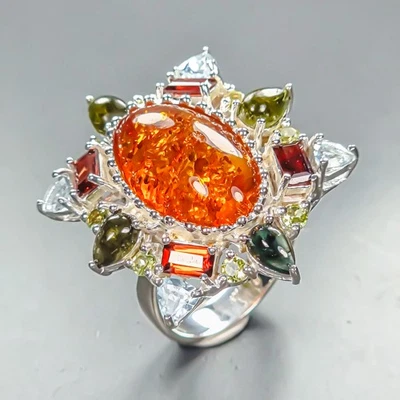 Handmade 8 ct Natural Amber Ring 925 Sterling Silver Size 8 /R454701 - Image 1 of 4
