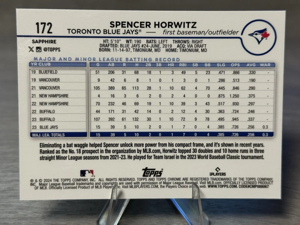 🔥💎SPENCER HORWITZ 2024 Topps Chrome Gold Sapphire RC /50 BOOKEND EBAY 1/1!💎🔥 - Image 3 of 3