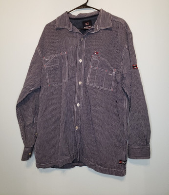 Vtg Bugle Boy Mens L Shirt Long Sleeve Button Front Stripe Blue Cotton Chambray