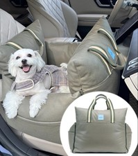 Premium Leather Dog  Cat Car Seat  Travel Bed, Waterproof Carrier Olive Green