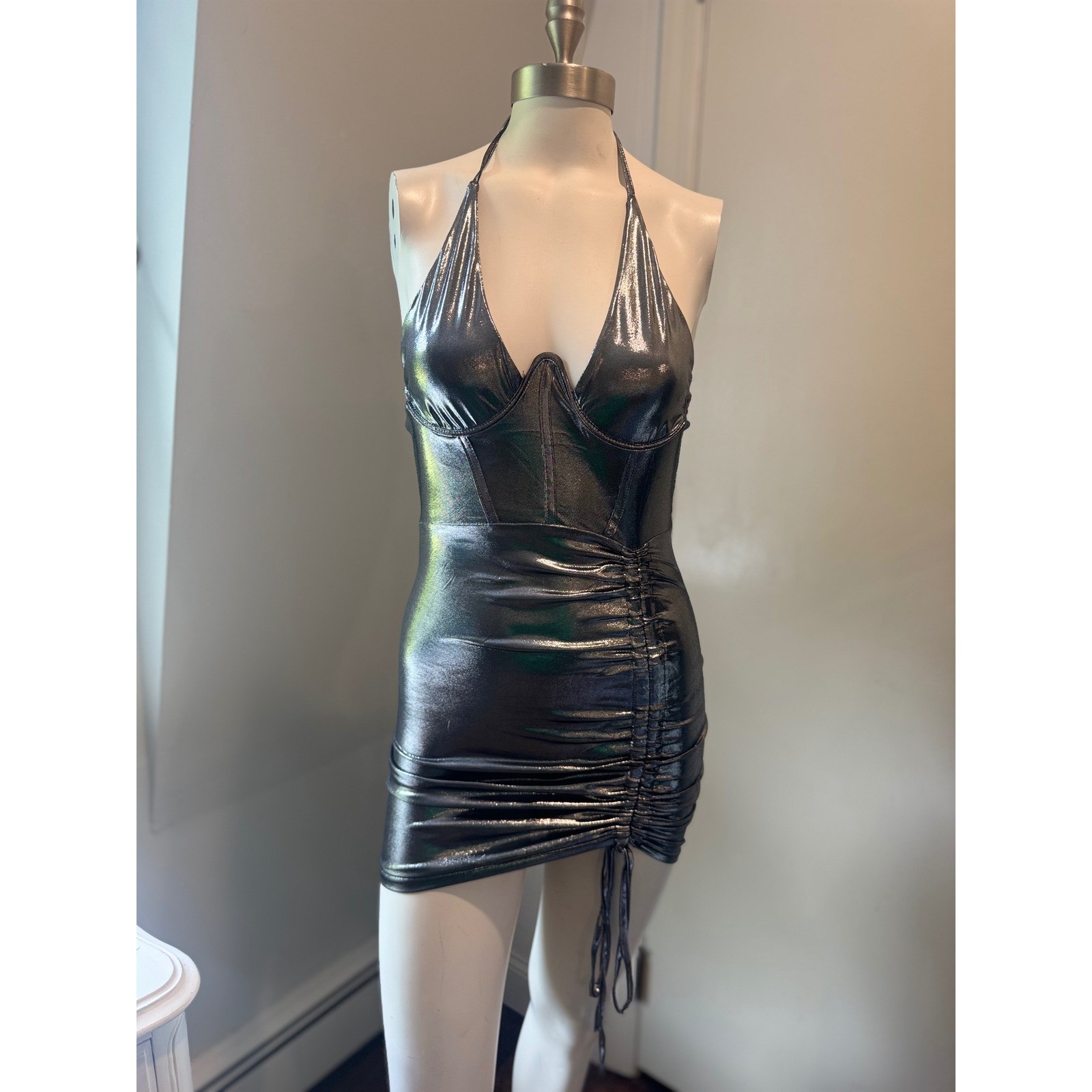 Iridescent Silver Metallic Halter Mini Dress | Size XS