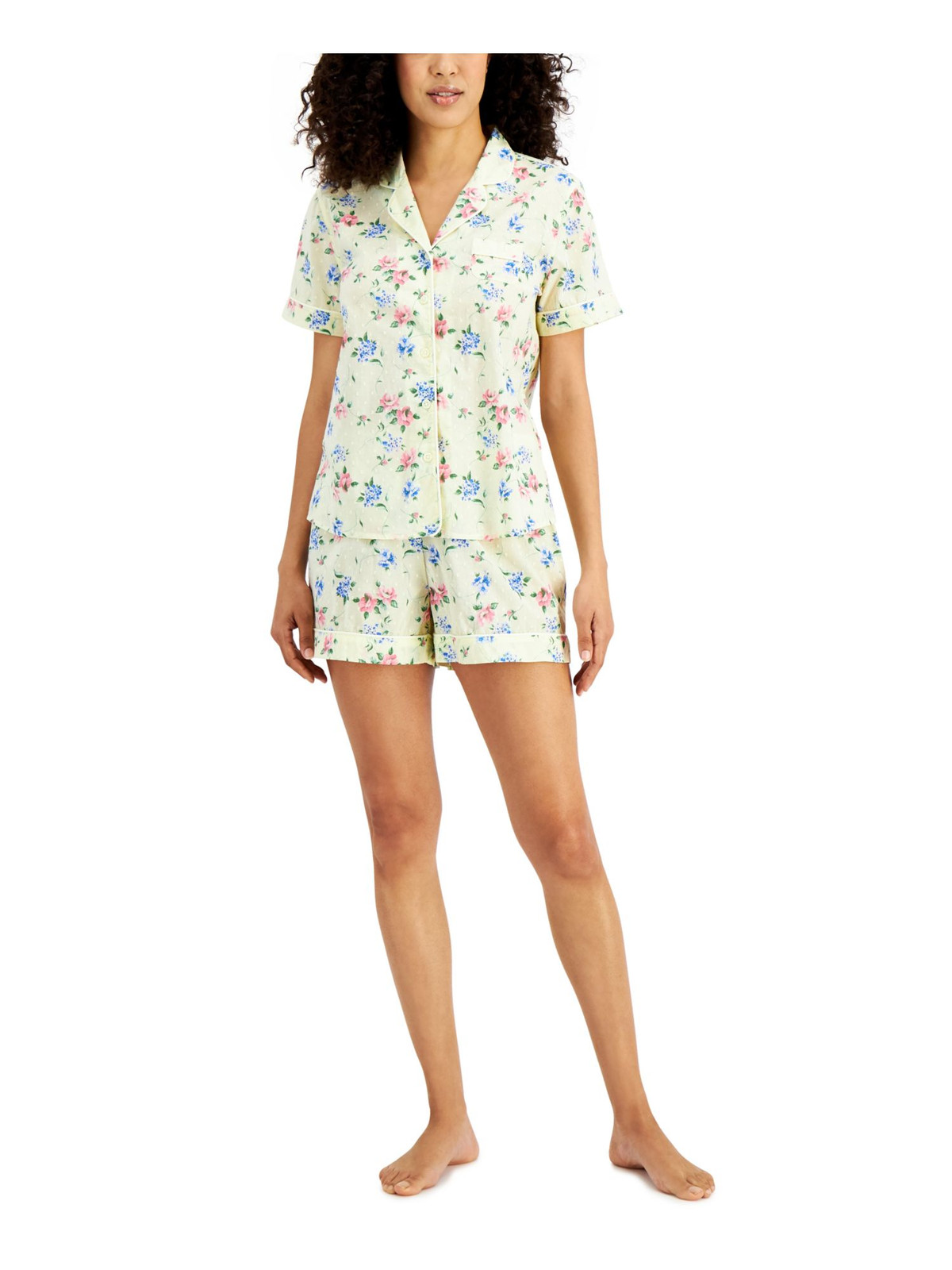 CHARTER CLUB Womens Dot Yellow Button Up Top and Shorts Woven Pajamas M