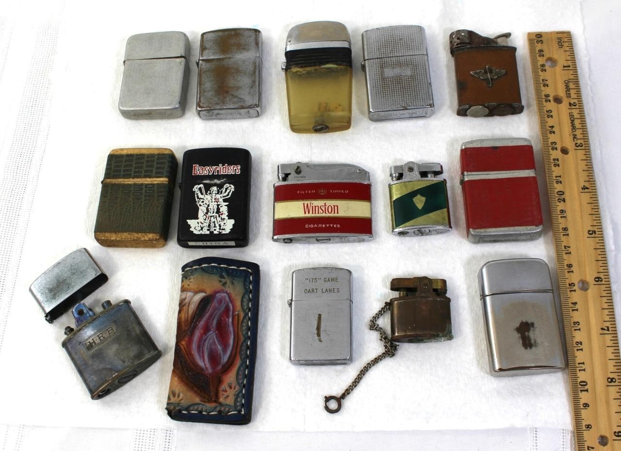 Vintage lot of 14 Lighters & parts & 1 Leather Case, 1 Lighter w/ Dice Inside!