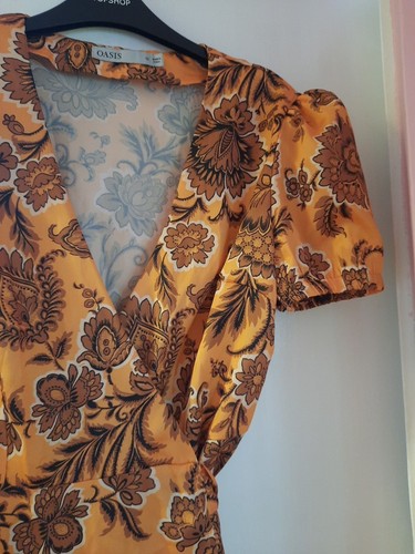 Oasis Paisley Orange Floral Puff Sleeve Mini Wrap Dress Size 12 - Picture 2 of 6