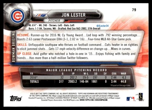 2017 Bowman Jon Lester Chicago Cubs #79 - Picture 2 of 2