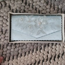 Vintage 1960s Hand Beaded Hong Kong Bridal Clutch Light-Blue Satin In Box