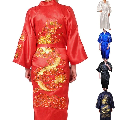 Mens Satin Chinese Dragon Kimono-Silk Bathrobe Pajamas Sleepwear Gown Bath Robe - Imagen 3 de 49