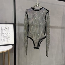 Women's Rhinestone Premium Bodysuit Long Sleeve Sparkly Party Clubwear Stretch