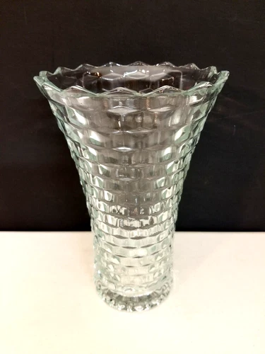 Vintage Fostoria American Block/cube vase, 10" tall, 6.5" wide, flared out