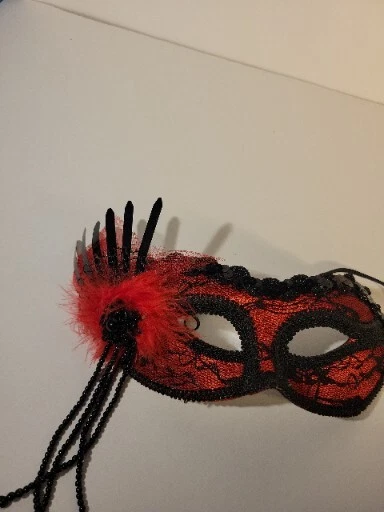 Adult Black Red Lace Sequin Feather Masquerade Flamenco Halloween Costume Mask - Image 4 of 4