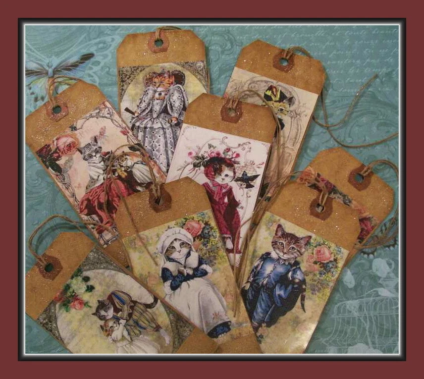 FANCY VICTORIAN DRESSED CATS - SET OF EIGHT HANG TAGS WITH A TOUCH OF GLITTER - Image 4 of 4