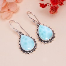 Natural Blue Larimar Gemstone Earring 925 Sterling Silver Handmade Jewelry.