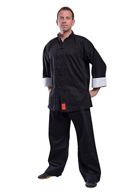 Kung Fu Anzug Shaolin Black Weiße Ärmelumschläge Innenkragen 110-200 cm Tai Chi