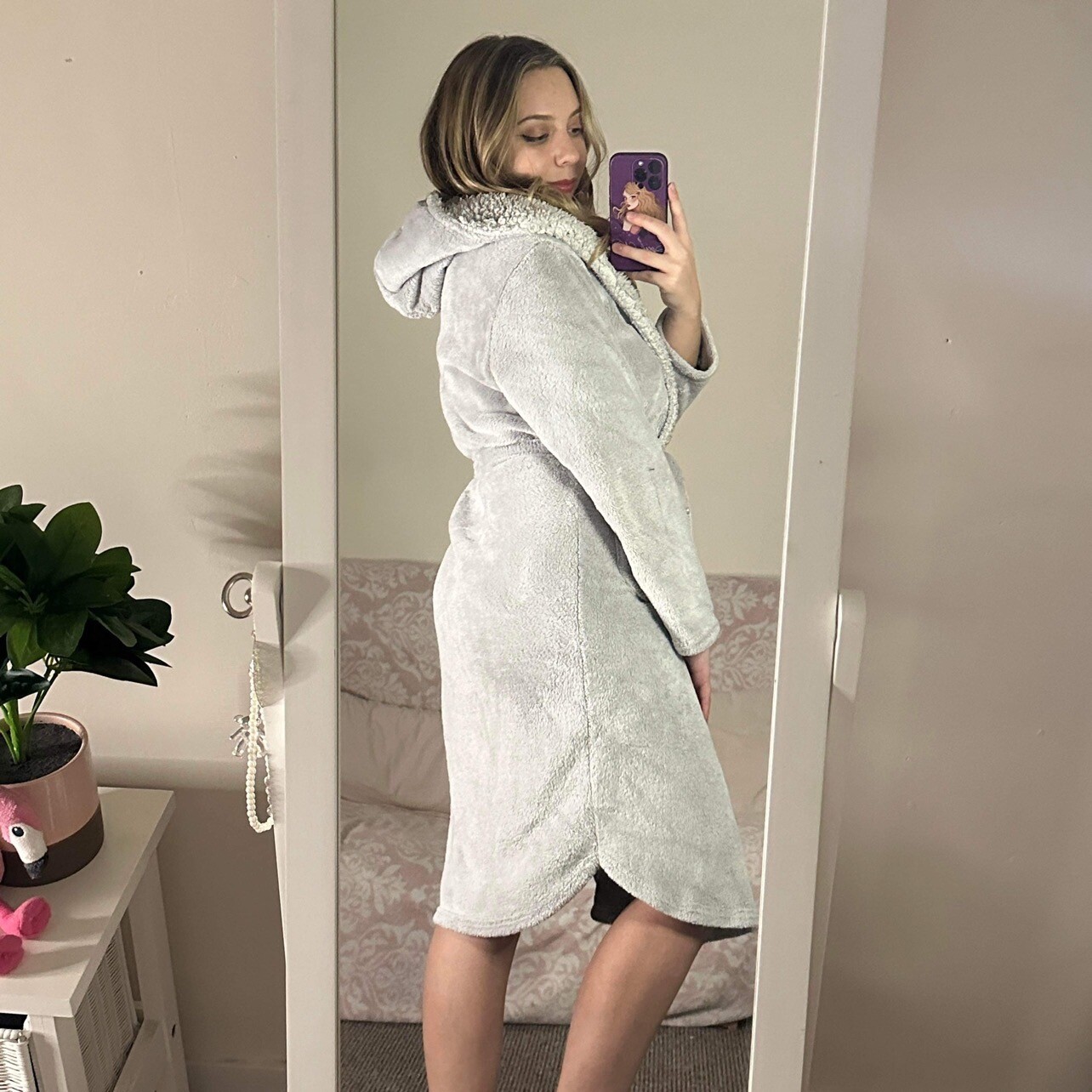 Grey Unicorn Dressing Gown Size XS Warm Fluffy Robe Light White Tie Up