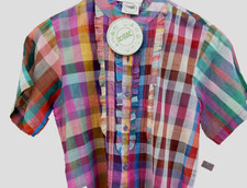 70s Rainbow Purple Shirt Gauzy Cotton Plaid Multicolor Ruffled Neckline ZODIAC