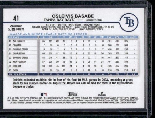 2024 Topps Chrome Osleivis Basabe Gold Wave RC /50 - Picture 2 of 2