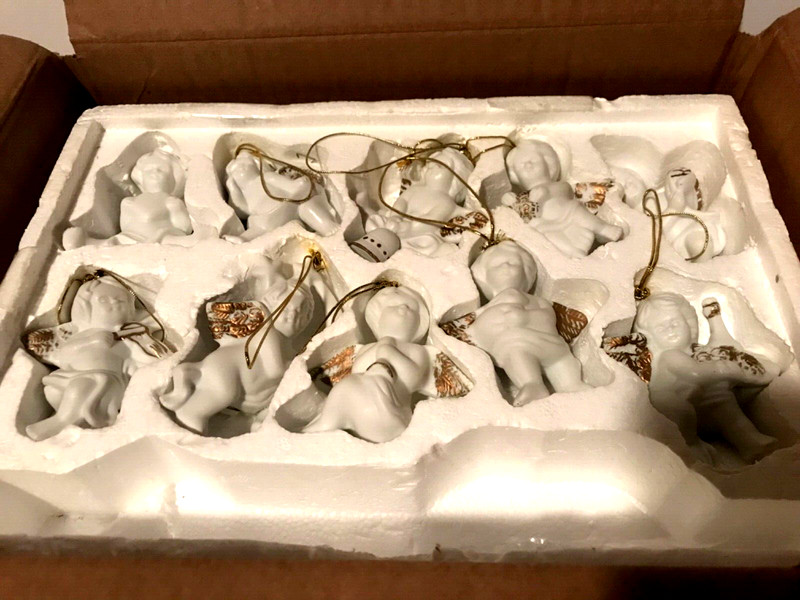 Vtg 10 pc Porcelain White XMAS Angel Cherub Ornaments w gold, Light Bulb Covers