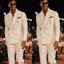 Beige Linen 2 Pcs Men Suits Fashion Tuxedos Double-breasted Outfit Blazer Pants