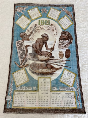 Vintage 1981 Calendar Tea Towel w Aboriginal Art Australia Pattern Birth Yr Gift - Picture 11 of 13