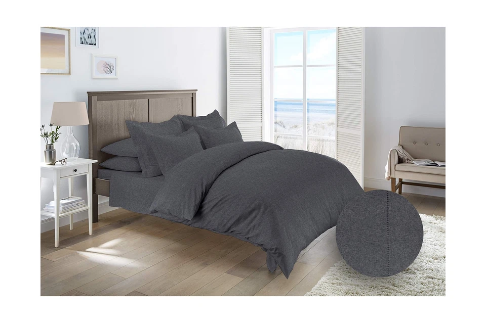 Juego de sábanas y fundas de almohada de franela alemana de lujo, 4 piezas (gris carbón, reina) Foto 3 de 4