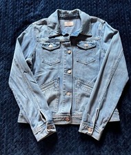 F&f Women’s Blue Button Denim Trucker Jacket Distressed Size 6