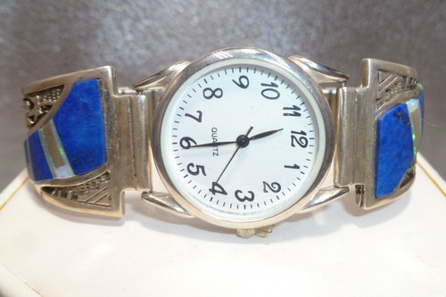 Calvin Begay Navajo Corn Stalk Watch Tip Lapis Opal Inlay Bracelet Sterling - Picture 5 of 10