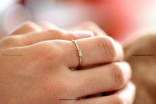 Solid Gold With Natural Brilliant Cut Baguette Diamond 14k Gold Stacking Ring - Picture 6 of 7