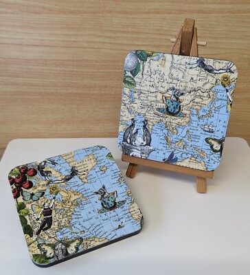 Fantasy Map Design handgefertigte Decoupage Untersetzer - 2er Set