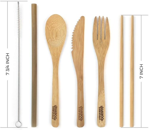Wooden Kitchen Utensils, 6 Piece Bamboo Fork & Knife Set With Carrying Pouch - Picture 21 of 43