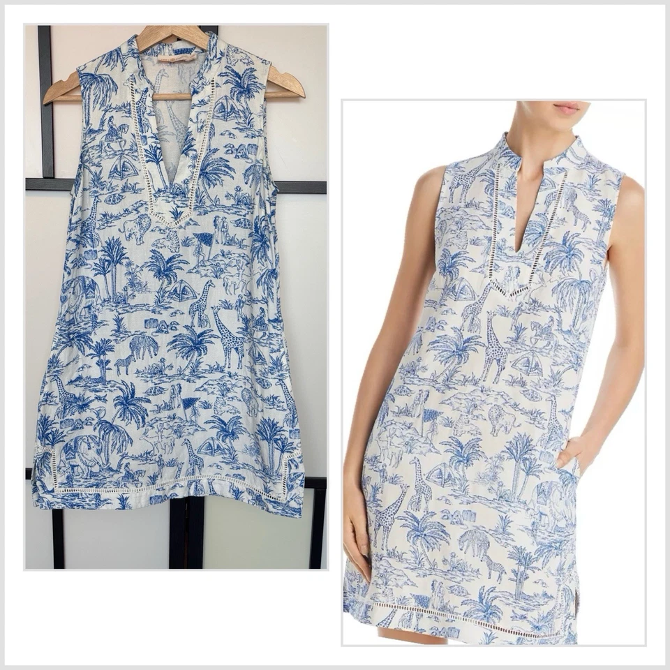 Vestido TORY BURCH mistura de linho XS ilha tropical praia resort animais boho*FLAWS - Imagem 3 de 4