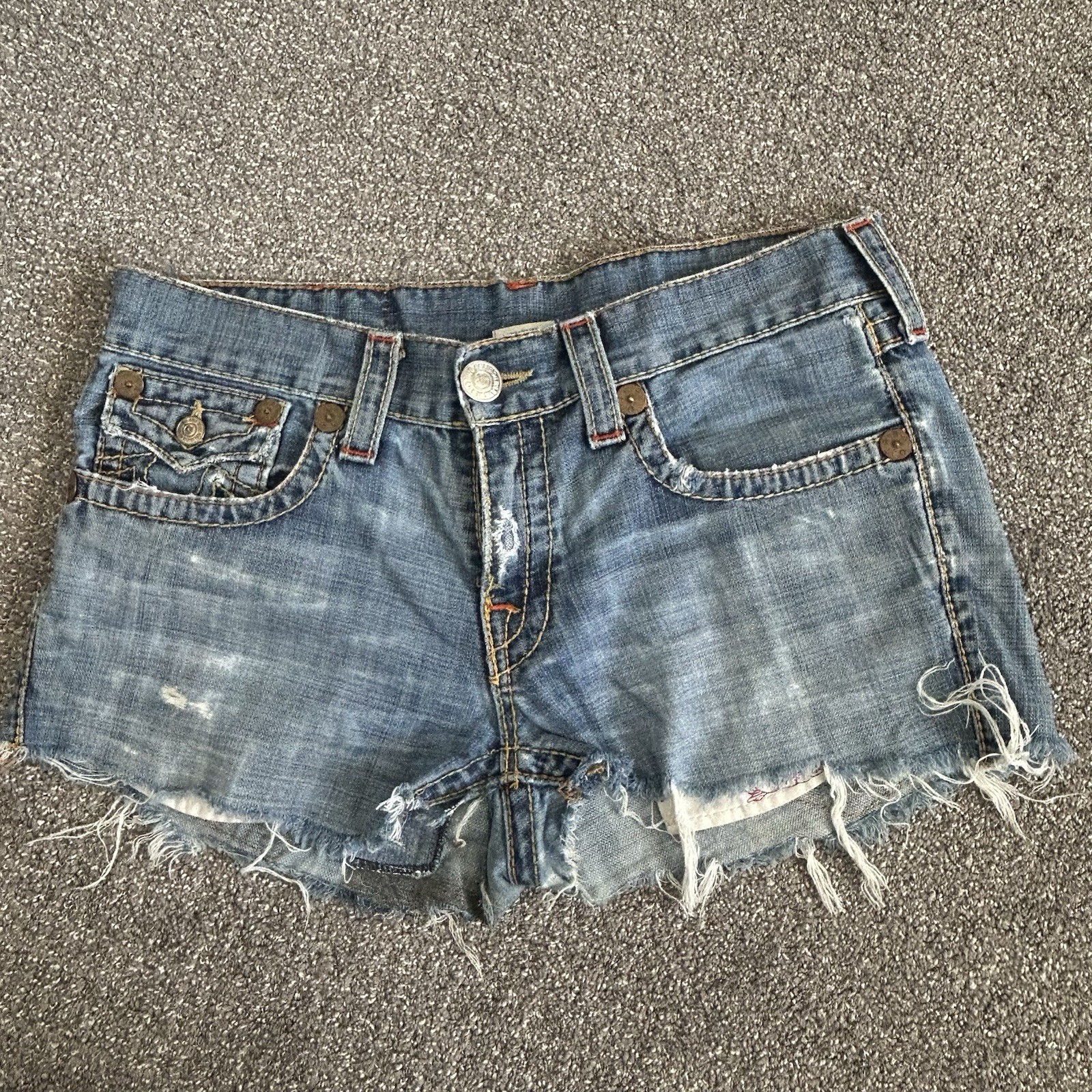 True Religion Women’s Cut Off Jean Shorts - Size 34 -Back Flap Pocket Frayed Hem