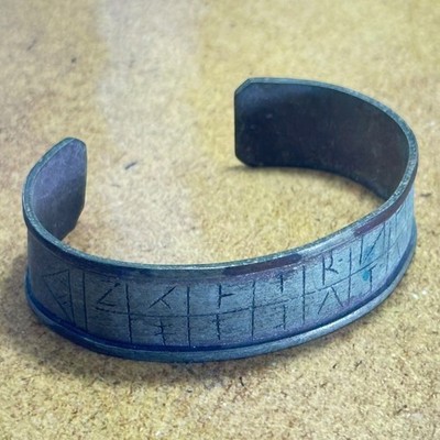 VINTAGE IRON CUFF BRACELET ENGRAVED RUNES ARMILLA ROMAN TRIBAL MENS