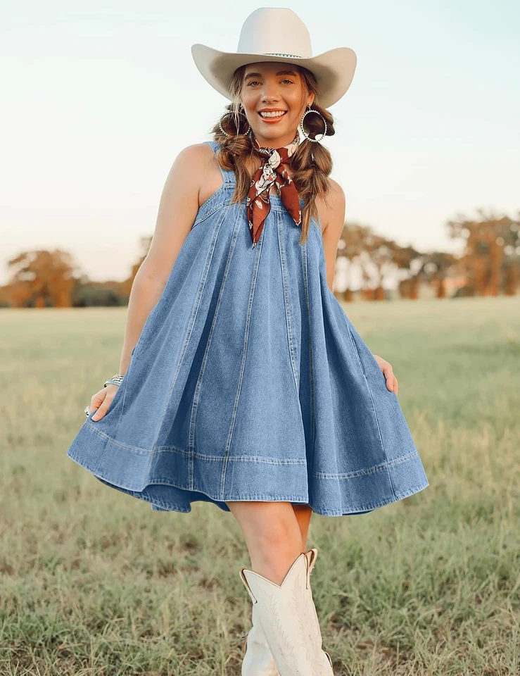 Vestido de mezclilla para mujer con corbata al hombro con correas sin mangas con volantes dobladillo verano C... Foto 4 de 4