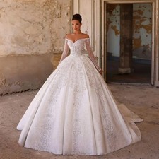Off Shoulder Shiny A-Line Wedding Dresses Lace Chic Vintage Bridal Gowns