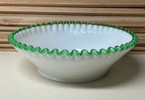 Vintage Fenton Art Milk Glass EMERALD CREST Ruffled Rim Serving Bowl 9 3/4" D