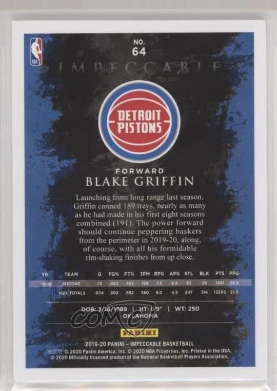 2019-20 Panini Impeccable Holo Gold /10 Blake Griffin #64 - Image 2 of 2