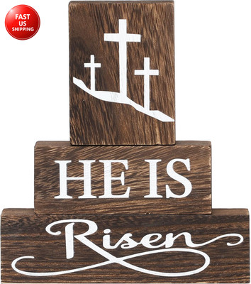 He Is Risen Easter Tiered Tray Decor, 3Pcs Christian Wooden Signs for Table Cent