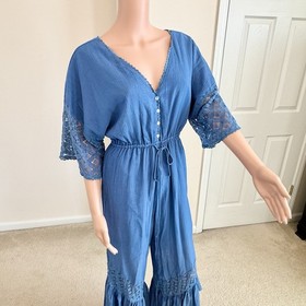 New Lace Ruffle Flowy Blue Jumpsuit Fairy Core Bohemian Wedding Guest Festival S