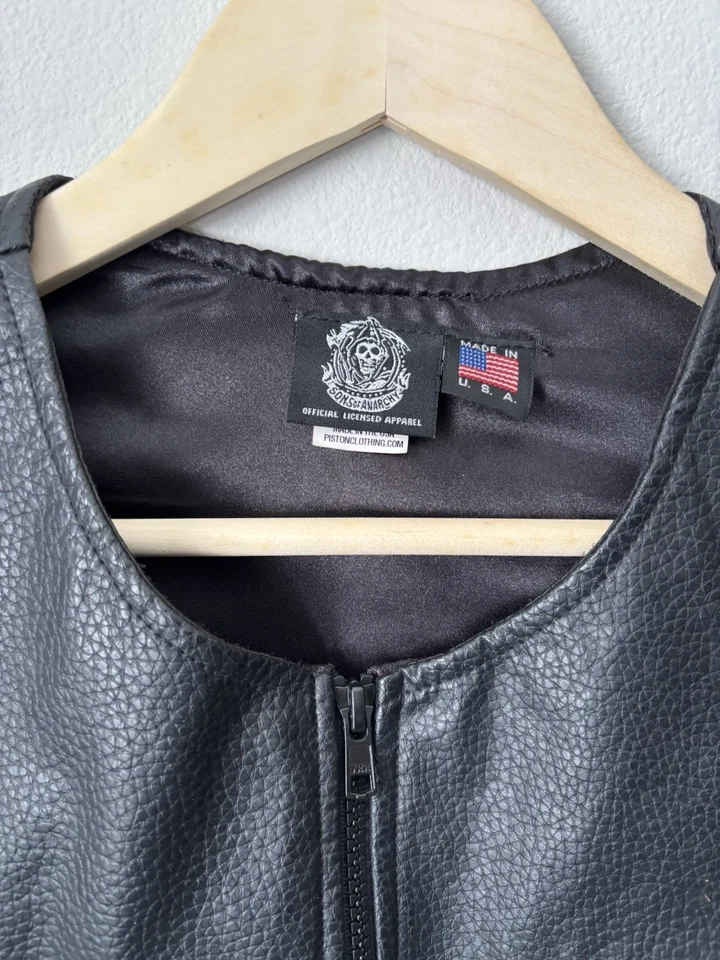 Sons of Anarchy SOA Chaleco de Cuero Sintético Motocicleta Calavera Bordada Para Hombre Talla L Foto 4 de 4