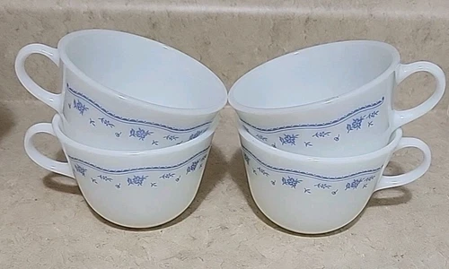 4 Vintage Pyrex Morning Blue Coffee Tea Cups CorningWare USA Floral Milk Glass