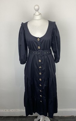 Kitri Ninette Kleid schwarz Hemdblusenkleid goldene Muschelknöpfe Puffärmel Gürtel Gr. 12
