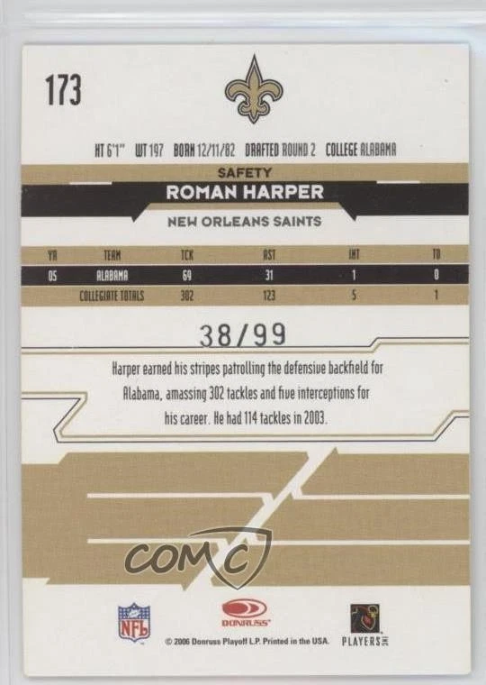 2006 Leaf Rookies & Stars Rookie Longevity Parallel /99 Roman Harper #173 RC - Image 2 of 2