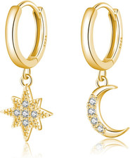 Solid 925 Sterling Silver Moon Star Dangle Earrings Hoop for Women Teen Girls CZ